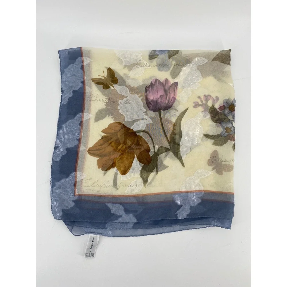 Liz Claiborne Square Scarf 34x34 Blue Cream Excellent Floral Botanical Sheer